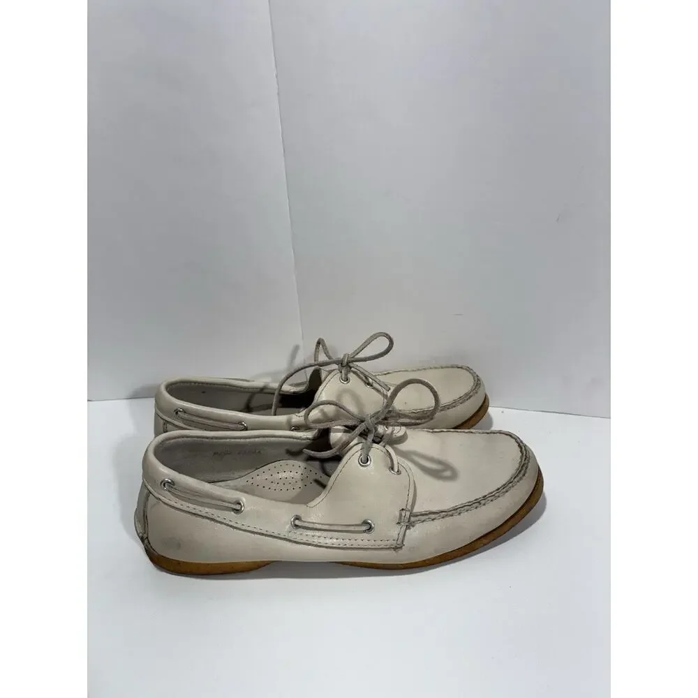 Vintage RHM Dockwear Mens Beige Leather Hand Sewed Shoe Sider‎ Docksider Sz 10.5